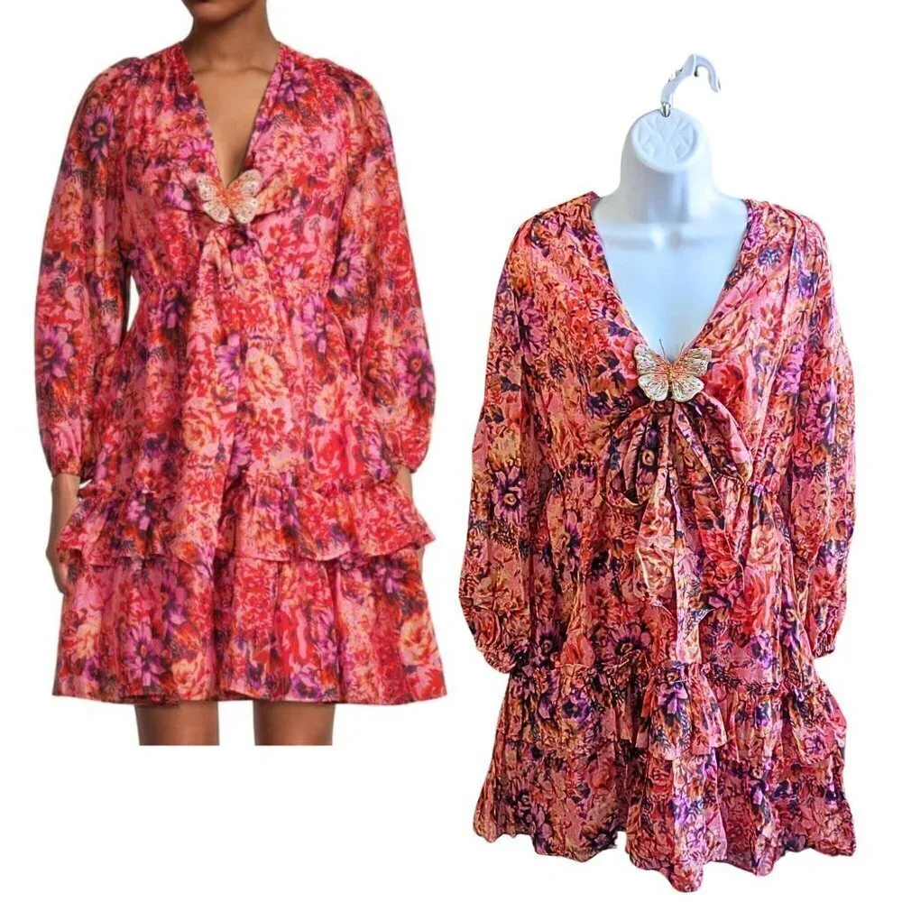 UNGARO Tara Floral Silk Blend Mini Dress PinkPunch Multi w/Beaded Butterfly Sz L - Picture 1 of 10